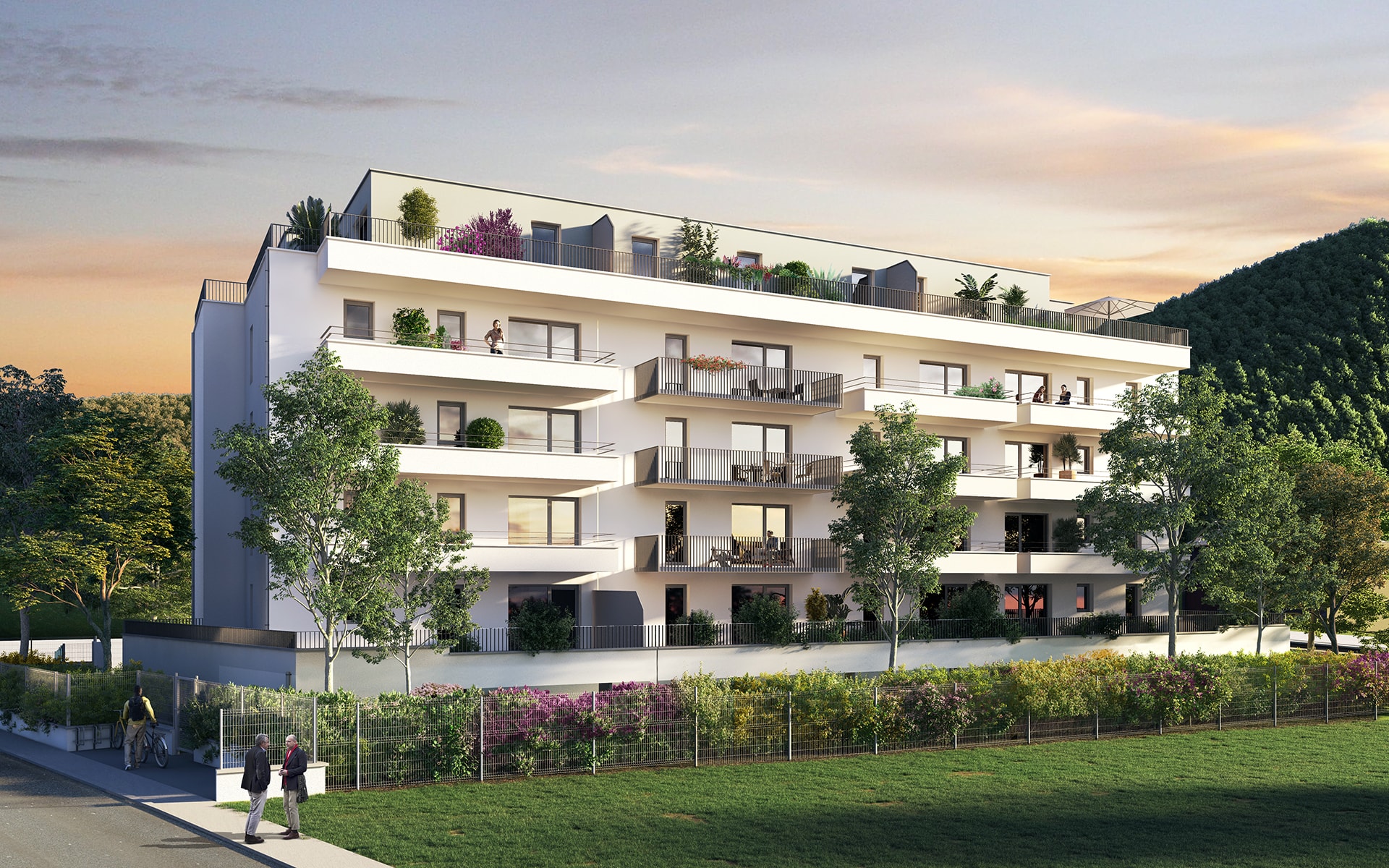La résidence Balcons Etoilés à Albertville vue exterieure en fin de journee de la residence neuve les balcons etoiles a albertville