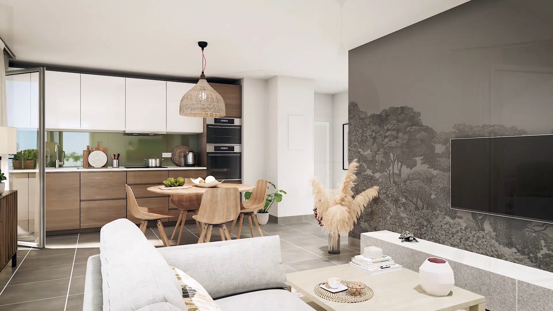 perspective vue en journee interieur appartement neuf avec cuisine equipee et salon - Devenir propriétaire d'un appartement neuf à Créteil