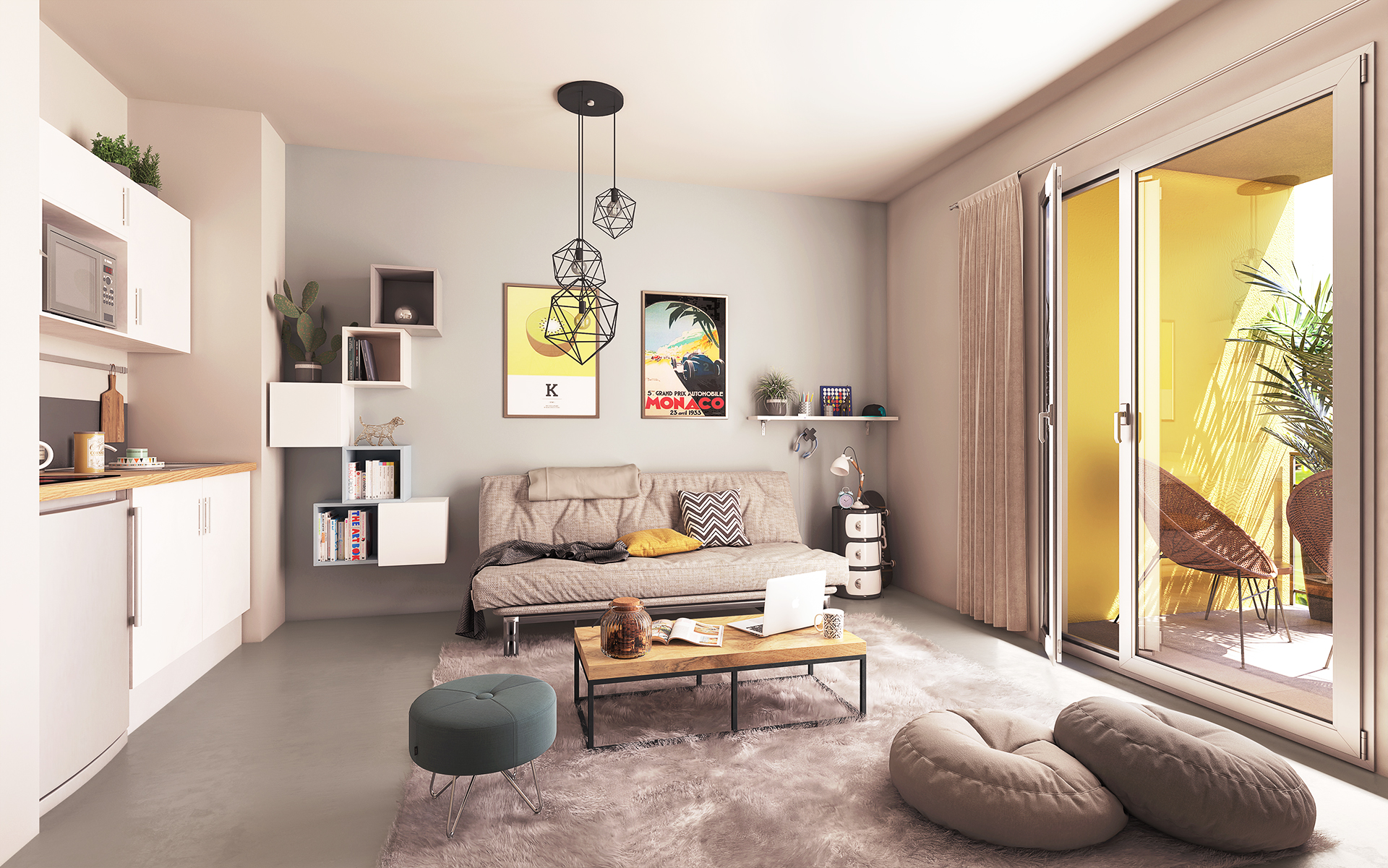 perspective vue en journee interieur appartement neuf avec cuisine equipee -residence neuve de qualite a - investissement locatif a clermont-ferrand
