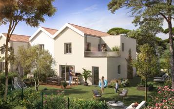 perspective exterieure vue en journee dans un jardin fleuri residence la perliere fouras - maison neuve pour vivre ou investir a fouras