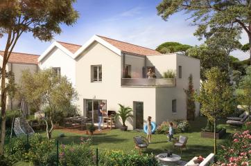 perspective exterieure vue en journee dans un jardin fleuri residence la perliere fouras - maison neuve pour vivre ou investir a fouras