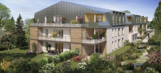 perspective en couleur vue exterieure en journee residence terre de seine a mont saint aignan - vue sur jardin arbores - appartement neuf