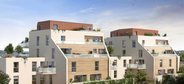 perspective en journee avec vue sur de grandes terrasses- pour vivre ou investir a rouen- le jardin de fiona