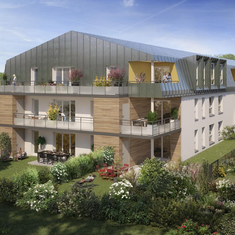 perspective en couleur vue exterieure en journee residence terre de seine a mont saint aignan - vue sur jardin arbores - appartement neuf