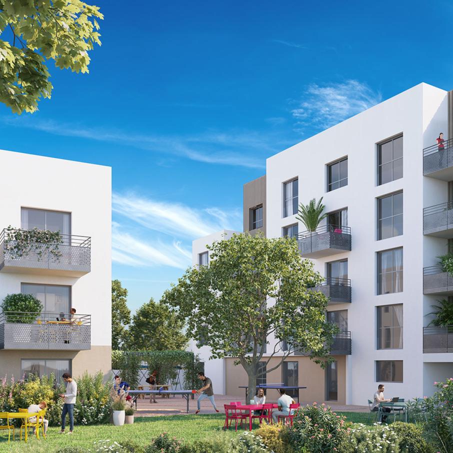 perspective couleur en journee vue sur cours et residence étudiante community a clermont ferrand