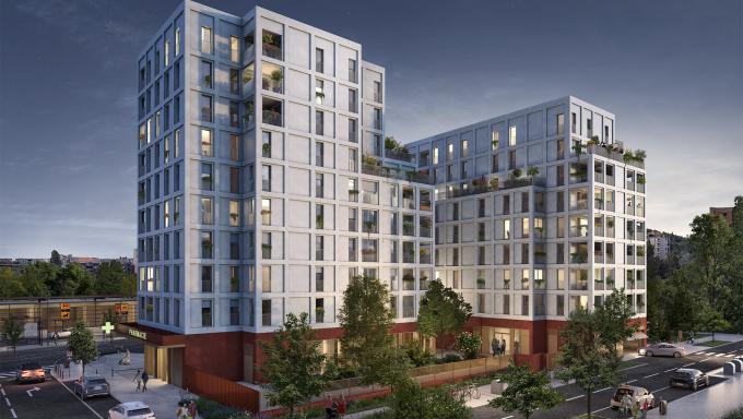 perspective en couleur et en fin de journee de la residence neuve metropolis pour vivre ou investir a toulouse dans le quartier empalot 